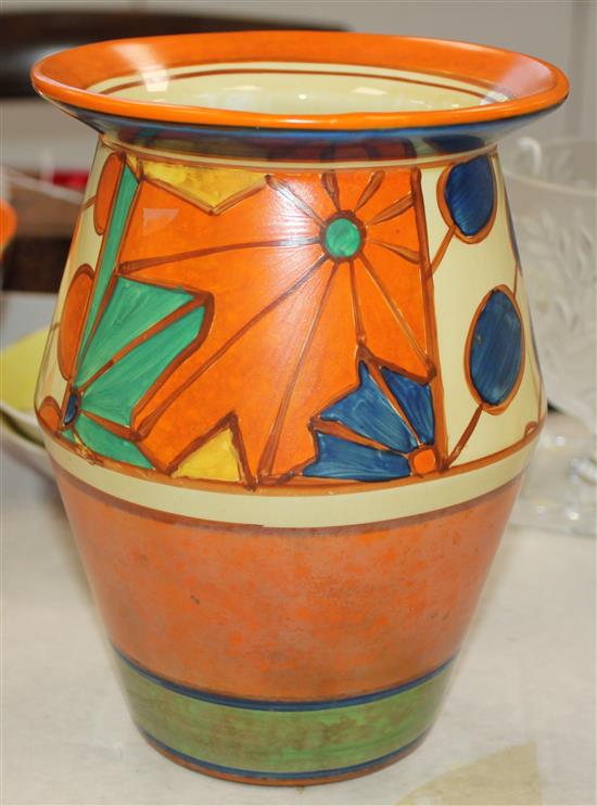 A Clarice Cliff Fantasque Umbrellas and Rain pattern vase, c.1930, 7.75in.